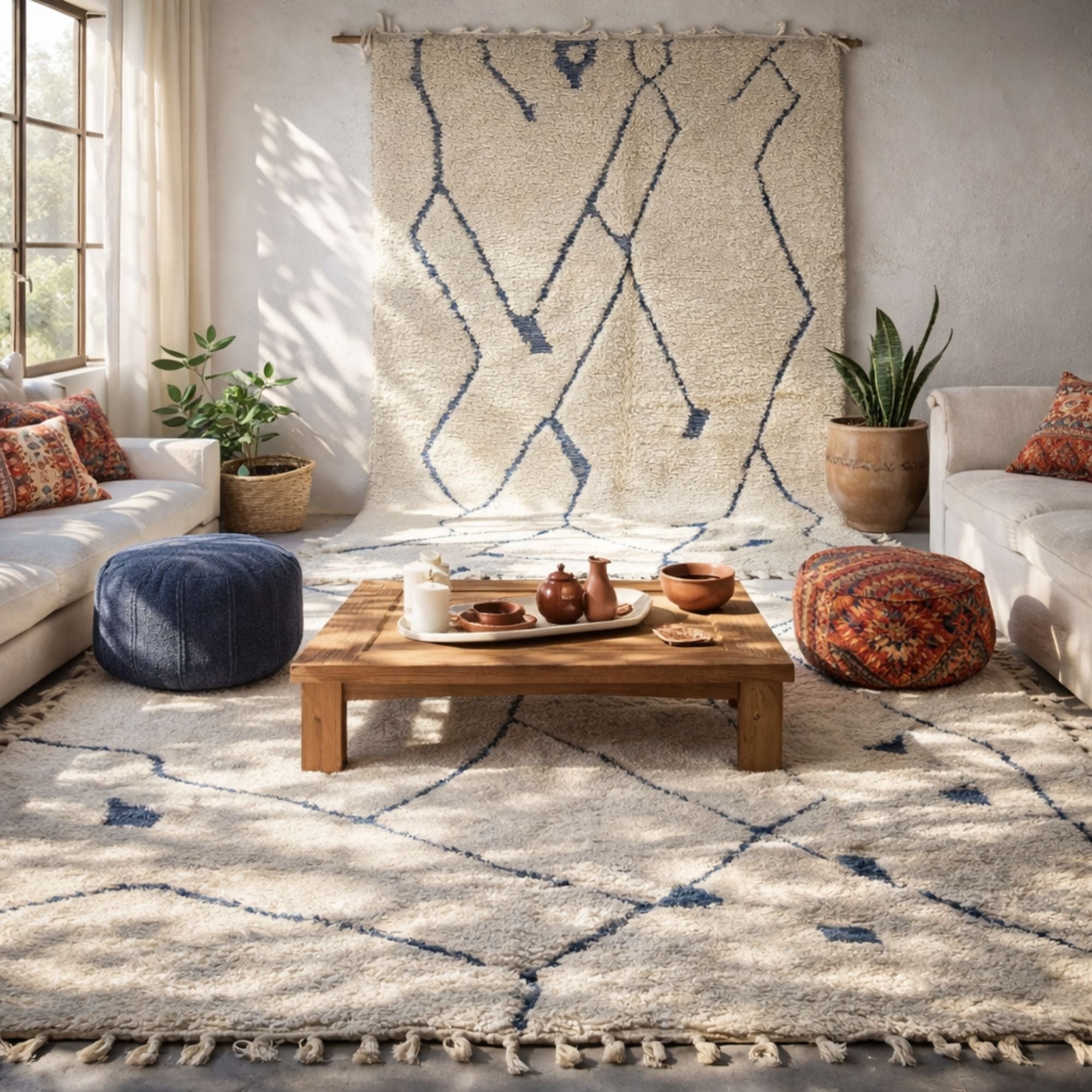 Hand-Knotted Ivory Azilal Wool Rug — Medium for Studio - Hand-knotted Moroccan rug, front view showing Hand-Knotted Ivory Azilal Wool Rug — Medium for Studio texture and colors
