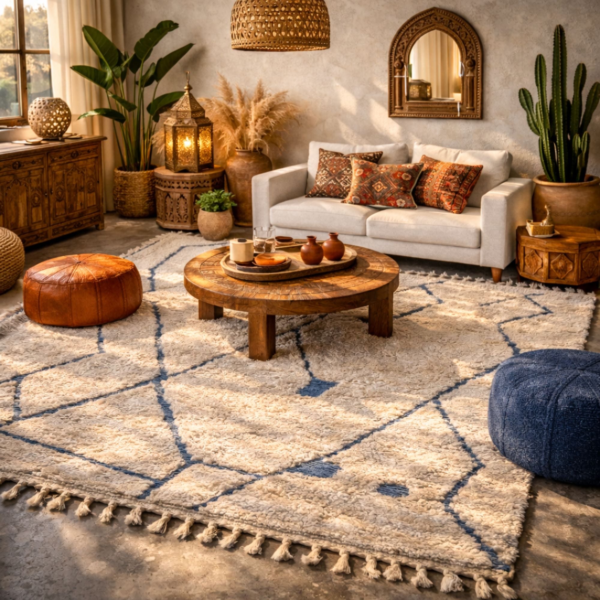 Traditional Medium Azilal — Ivory Hand-Knotted Wool Rug - Hand-knotted Moroccan rug, front view showing Traditional Medium Azilal — Ivory Hand-Knotted Wool Rug texture and colors
