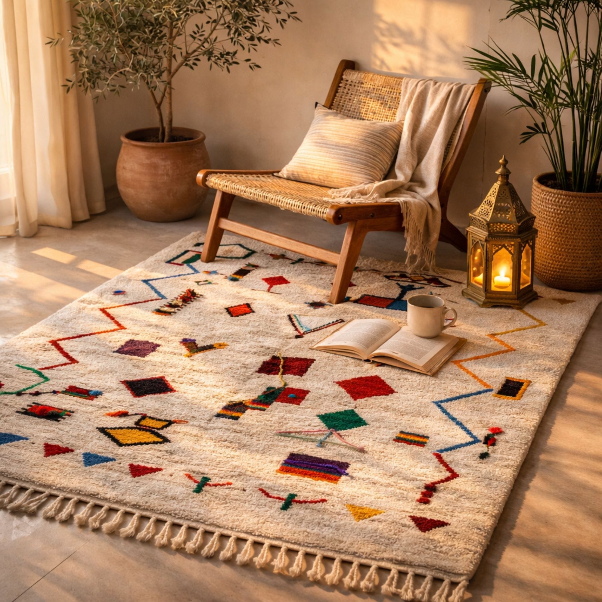 Colorful Moroccan Azilal Rug - Handmade Wool Design - Azilal Moroccan rug in Ivory color, 244 x 305 cm