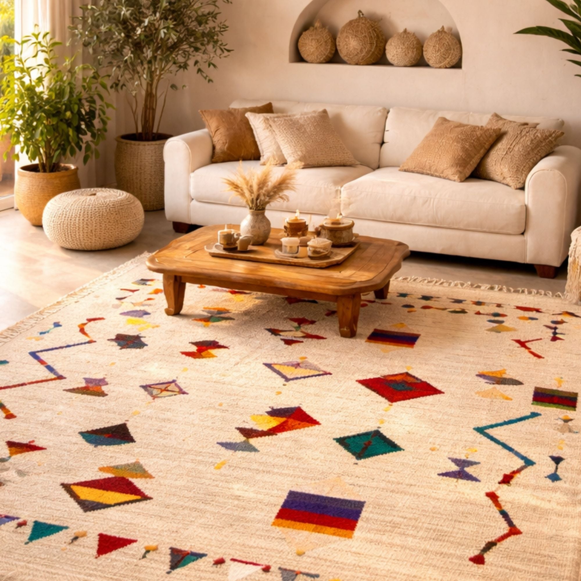Moroccan Azilal Rug — Large Ivory — Hand-Knotted Wool - Hand-knotted Moroccan rug, front view showing Moroccan Azilal Rug — Large Ivory — Hand-Knotted Wool texture and colors