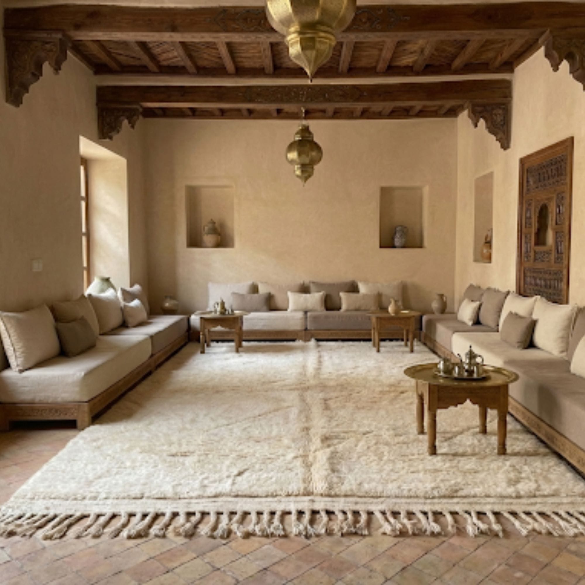 Ivory Moroccan Wool Rug - Raised Diamond Texture - Beni Ourain Moroccan rug in Ivory color, 244 x 305 cm