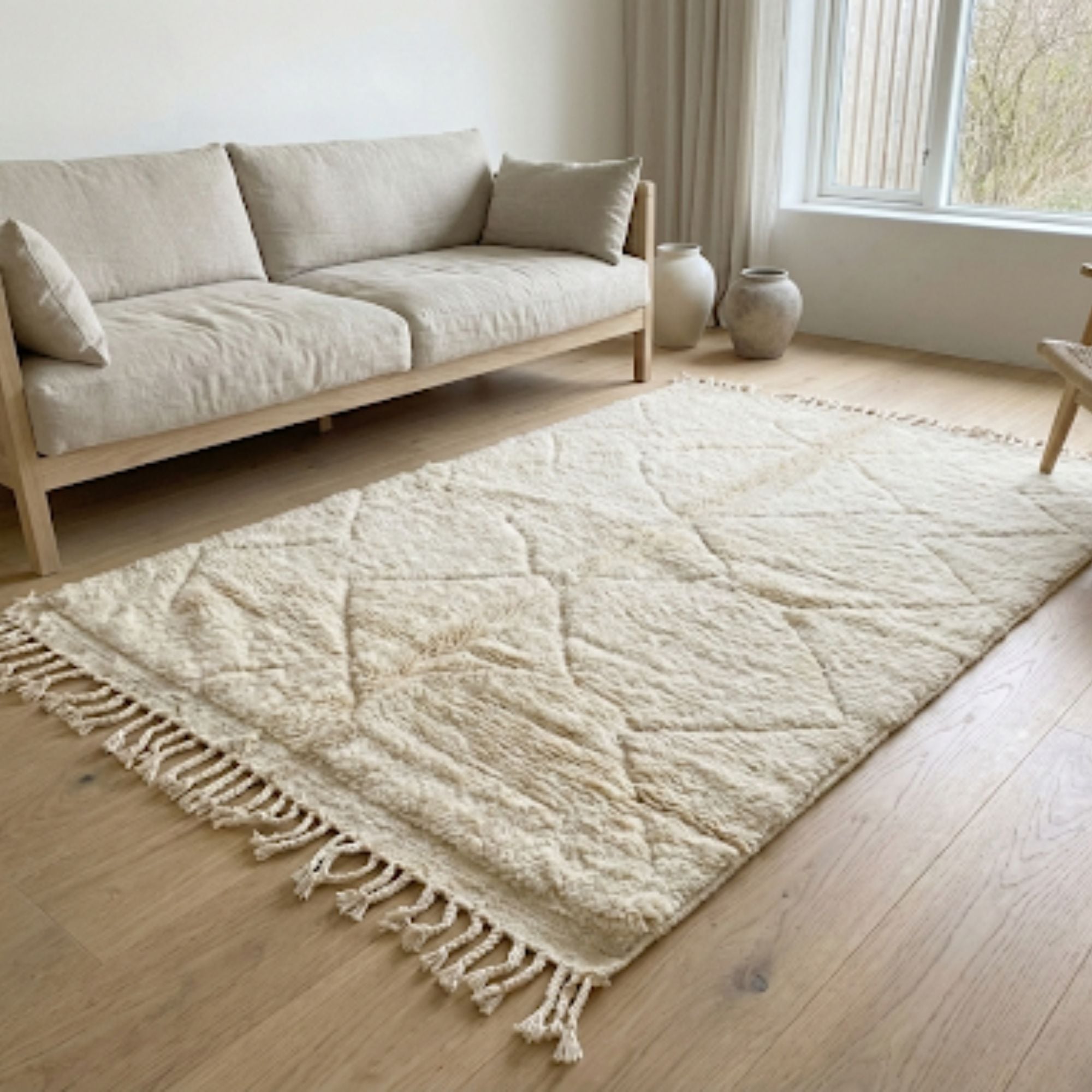 Hand-Knotted Ivory Beni Ourain Wool Rug — Medium - Hand-knotted Moroccan rug, front view showing Hand-Knotted Ivory Beni Ourain Wool Rug — Medium texture and colors