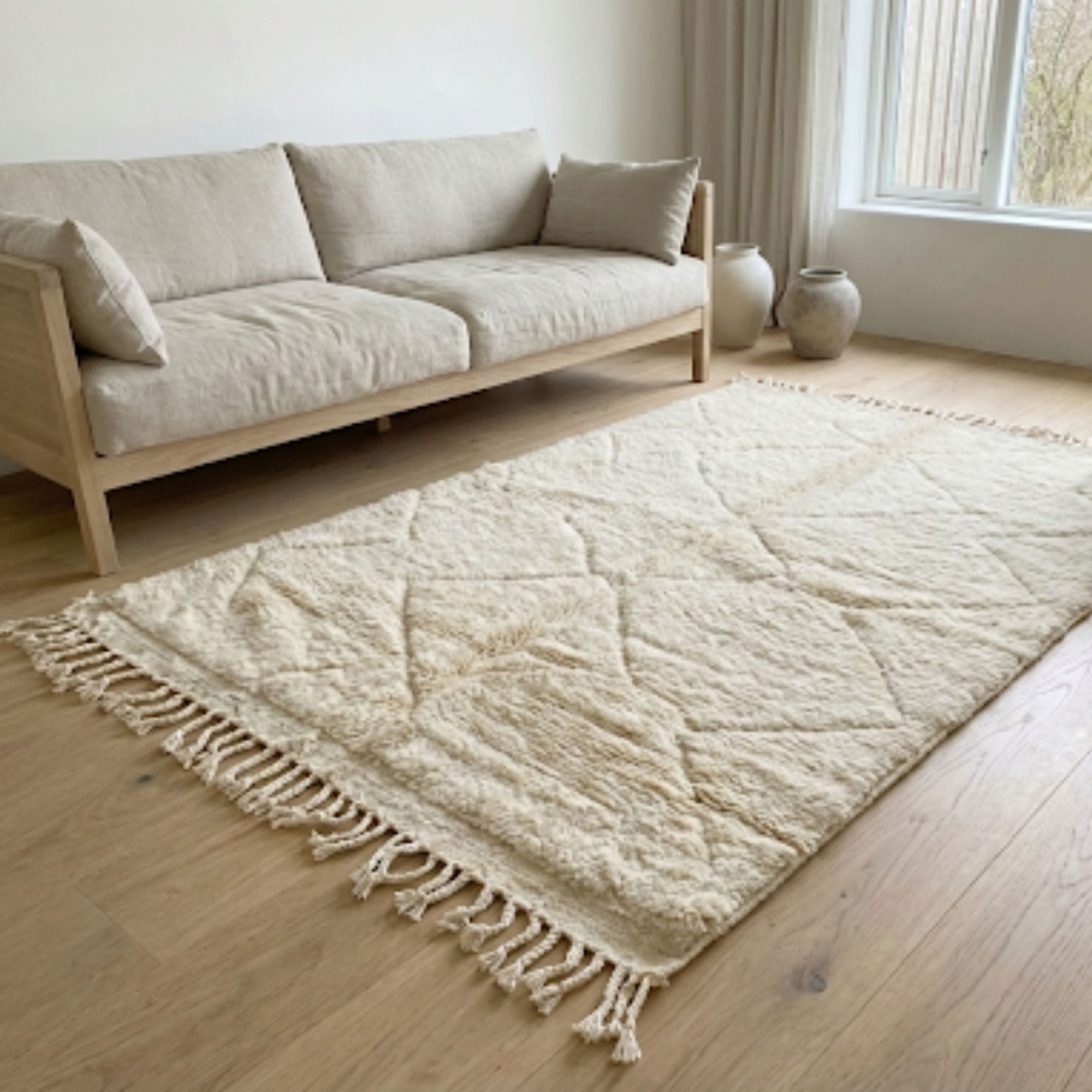 Minimalist Moroccan Area Rug - Tone-on-Tone Wool - Beni Ourain Moroccan rug in Ivory color, 183 x 274 cm