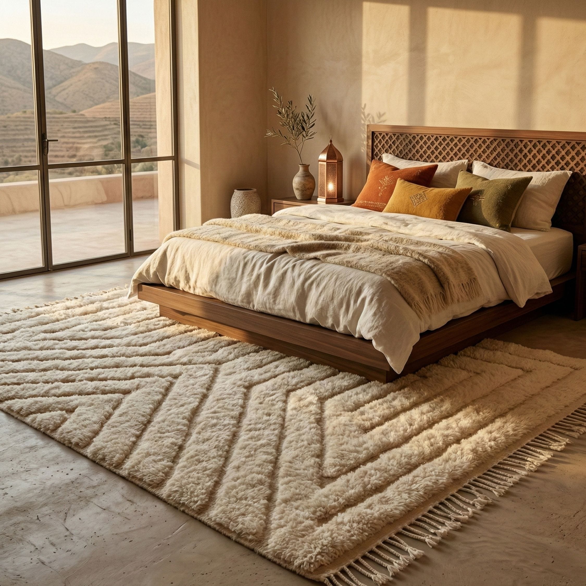 Sculpted Moroccan Wool Rug - Raised Linear Design - Mrirt Moroccan rug in Ivory color, 244 x 305 cm