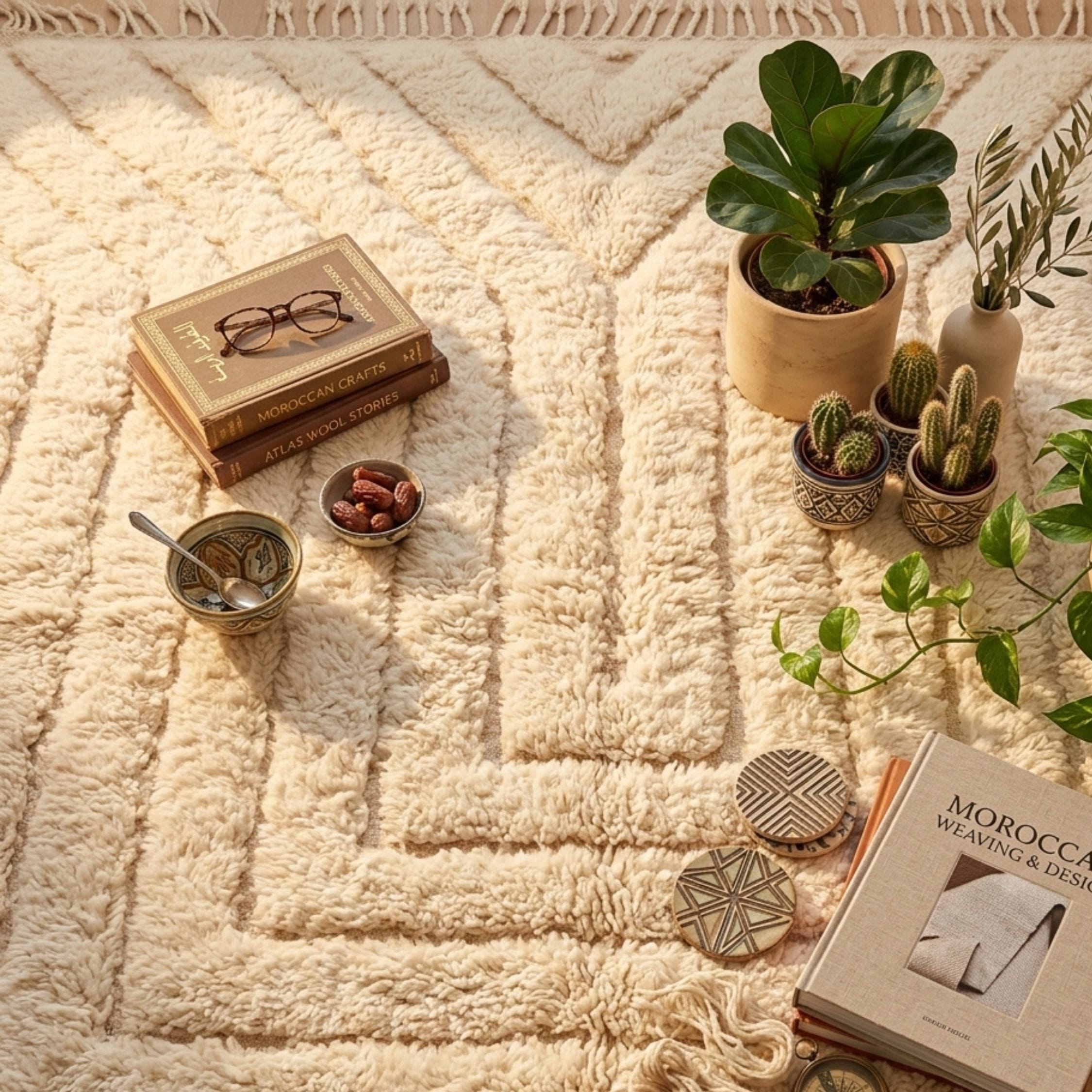 Modern Mrirt Area Rug - Plush Tone-on-Tone Wool - Mrirt Moroccan rug in Ivory color, 183 x 274 cm