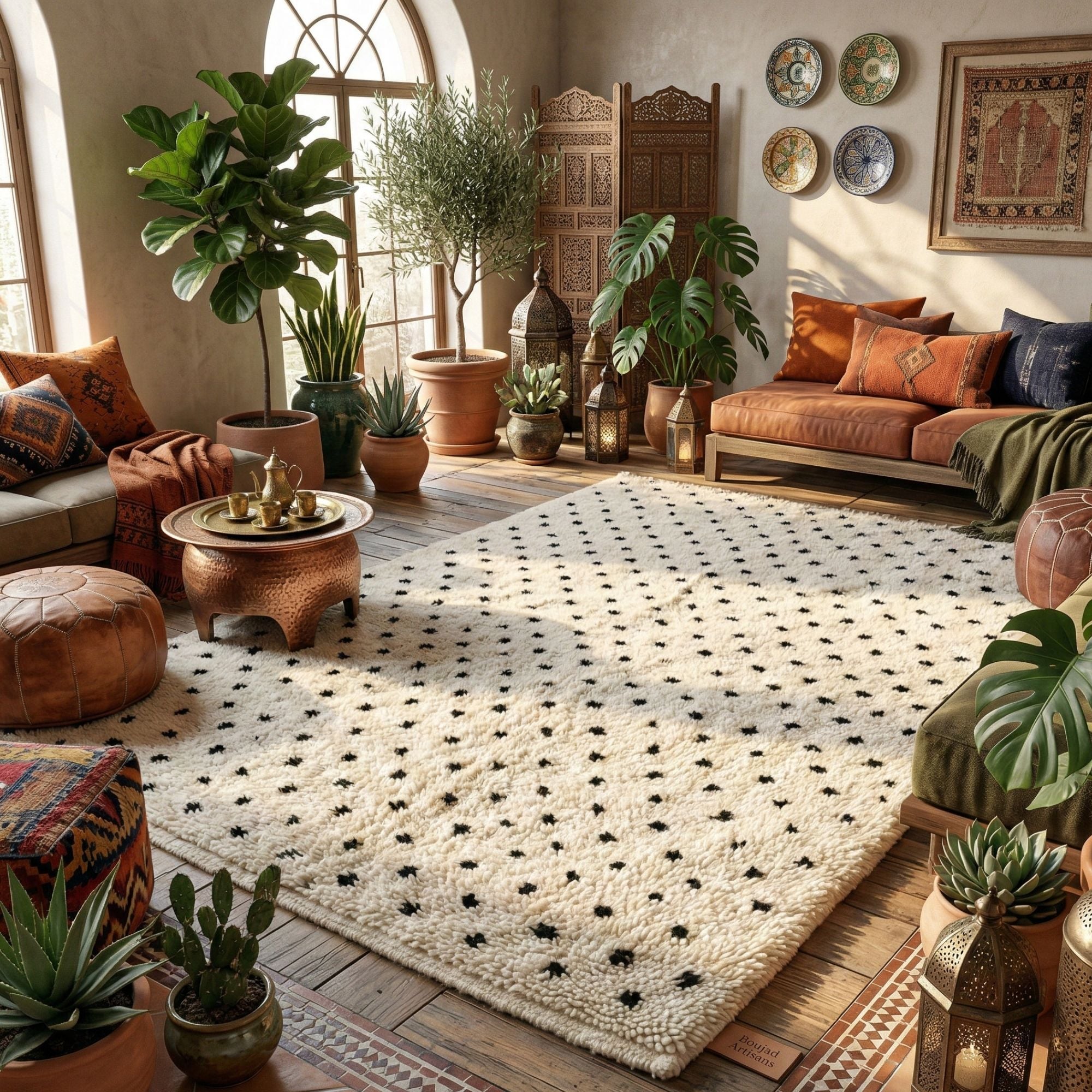 Hand-Knotted Ivory Beni Ourain Wool Rug — Medium - Hand-knotted Moroccan rug, front view showing Hand-Knotted Ivory Beni Ourain Wool Rug — Medium texture and colors