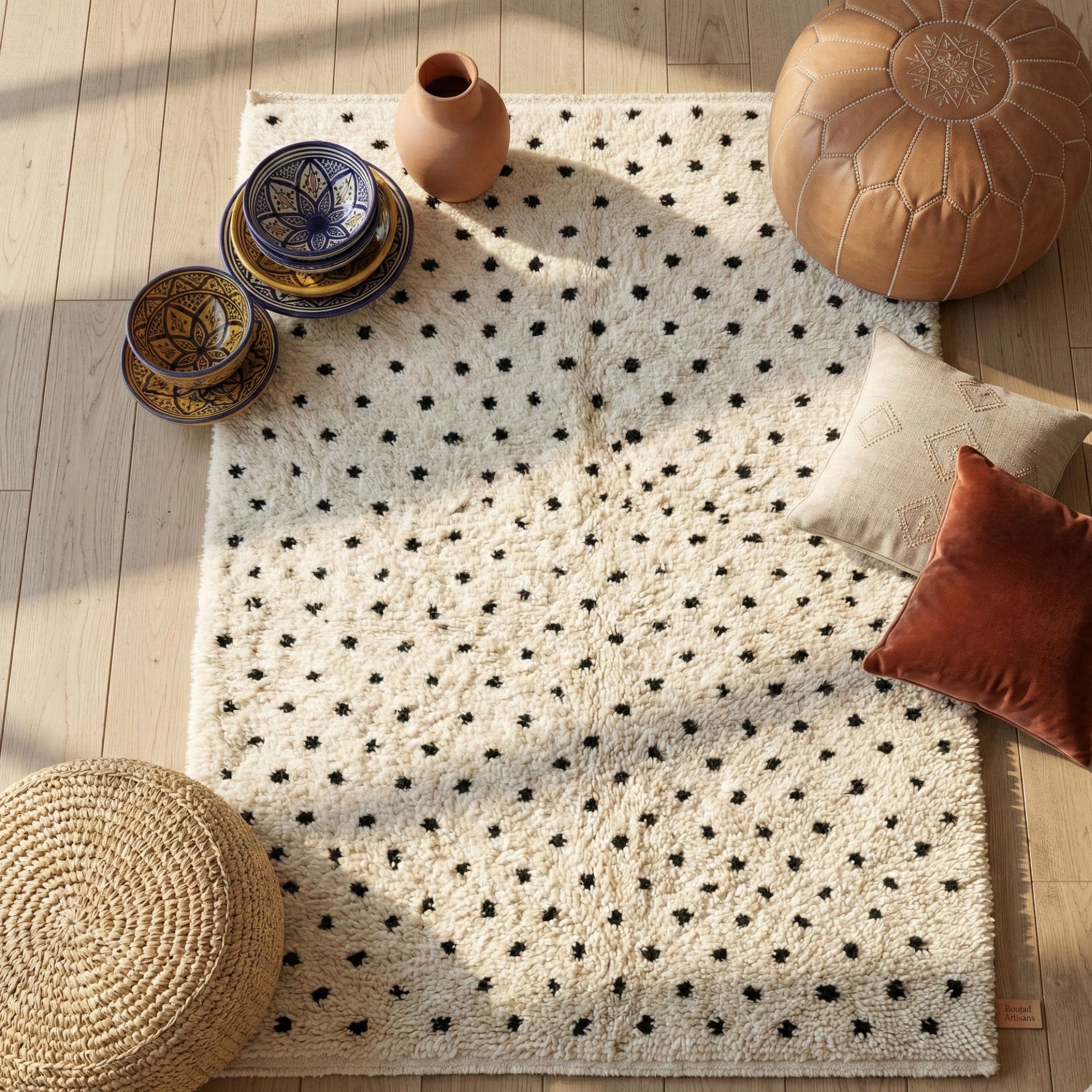 Modern Black and Ivory Rug - Plush Moroccan Wool - Beni Ourain Moroccan rug in Ivory color, 183 x 274 cm
