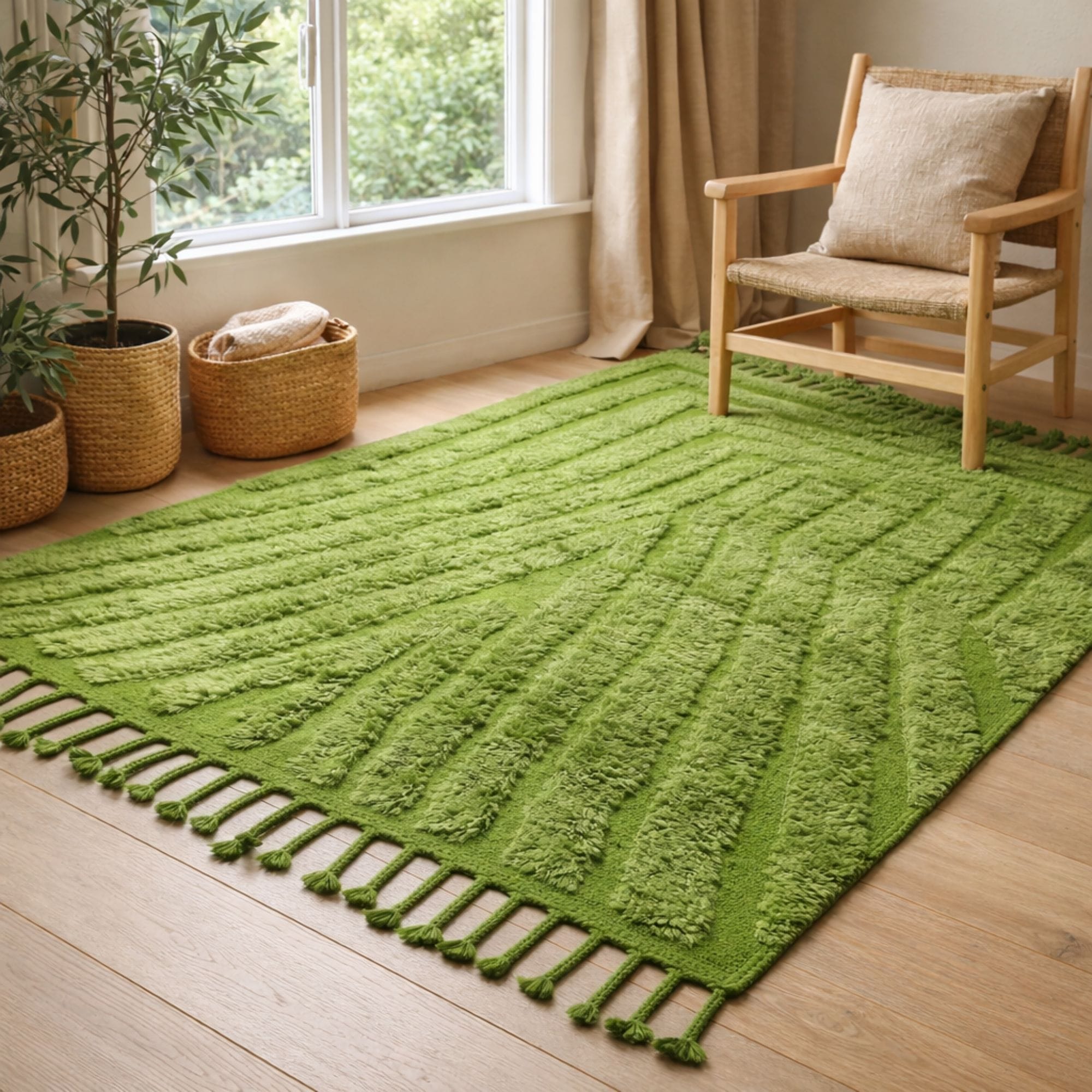 Modern Green Moroccan Rug - Raised Geometric Lines - Mrirt Moroccan rug in Ivory color, 244 x 305 cm