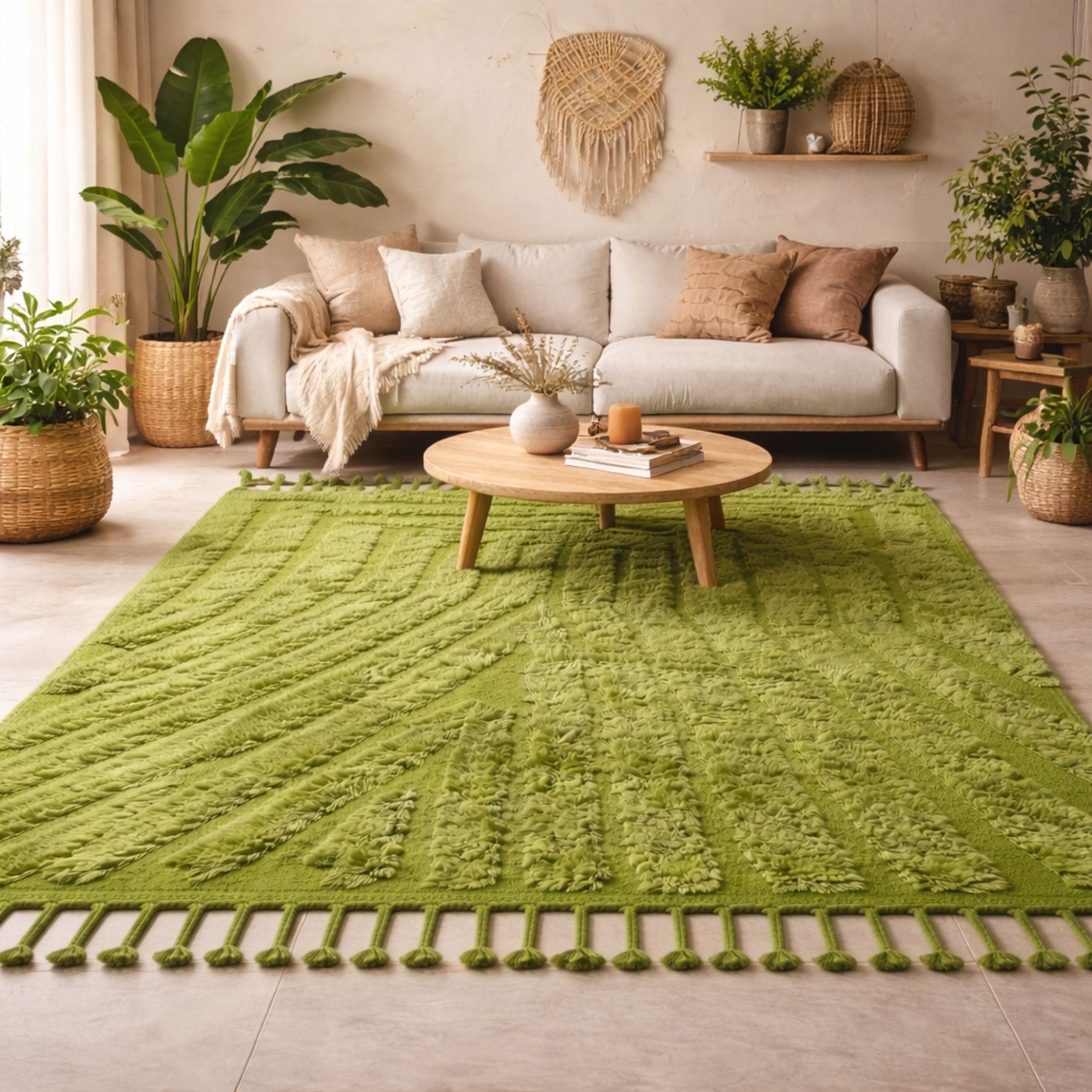 Handwoven Mrirt Rug - Monochrome Green Wool - Mrirt Moroccan rug in Ivory color, 183 x 274 cm