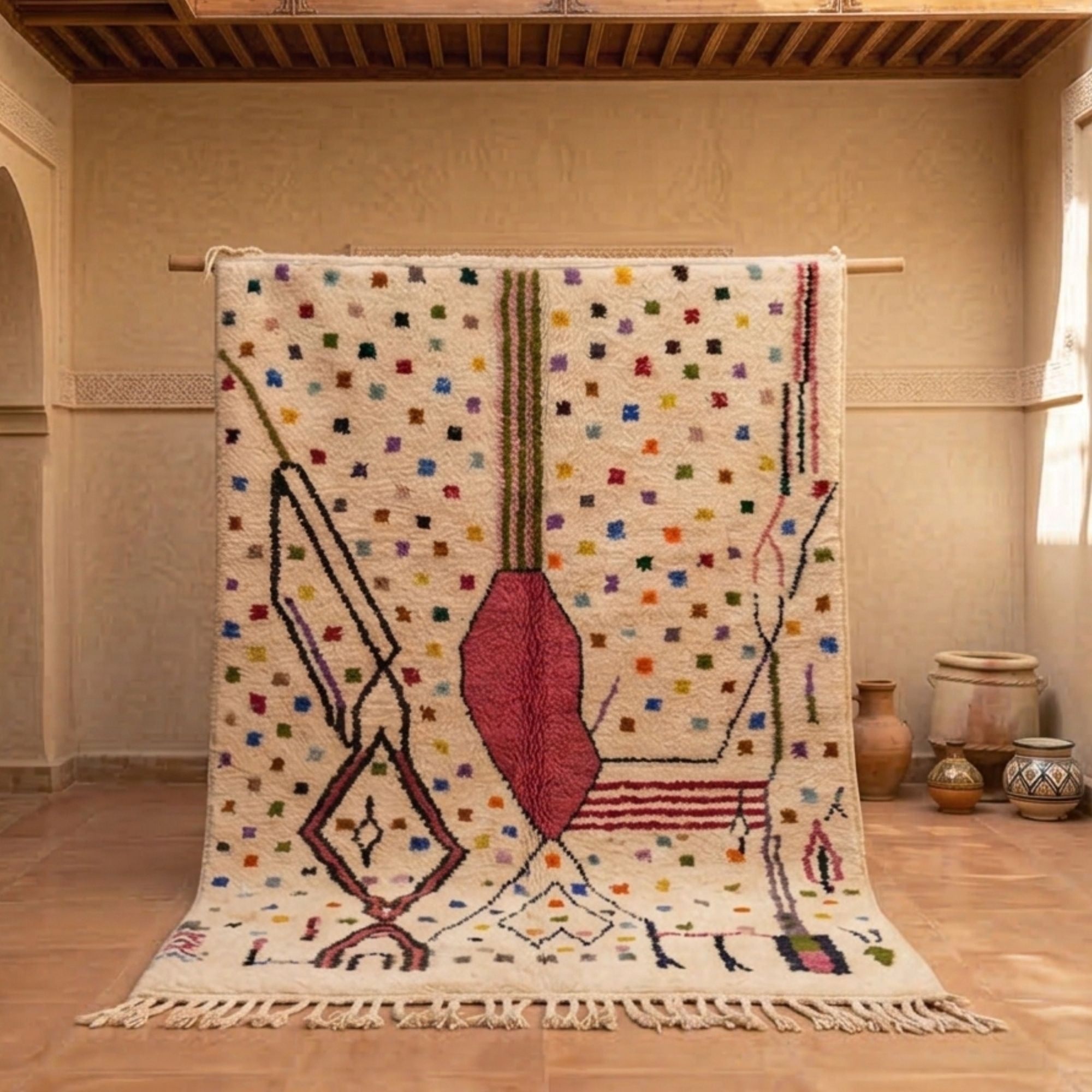Moroccan Rug 8x10 — Abstract Berber Rug — Artistic Confetti Style - Hand-knotted Moroccan rug, front view showing Moroccan Rug 8x10 — Abstract Berber Rug — Artistic Confetti Style texture and colors