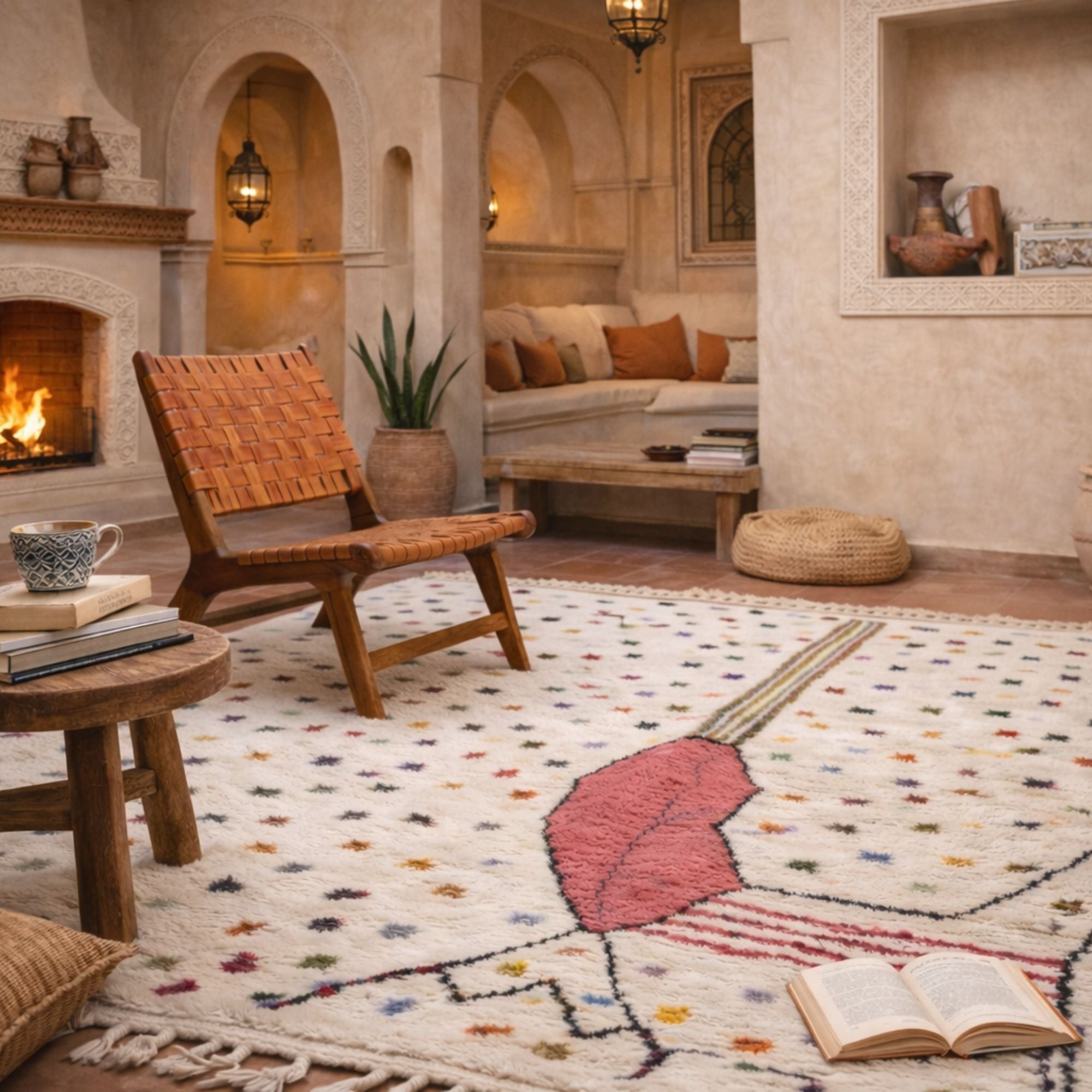Colorful Moroccan Rug — Ivory Berber Rug — Soft Artistic Style - Hand-knotted Moroccan rug, front view showing Colorful Moroccan Rug — Ivory Berber Rug — Soft Artistic Style texture and colors