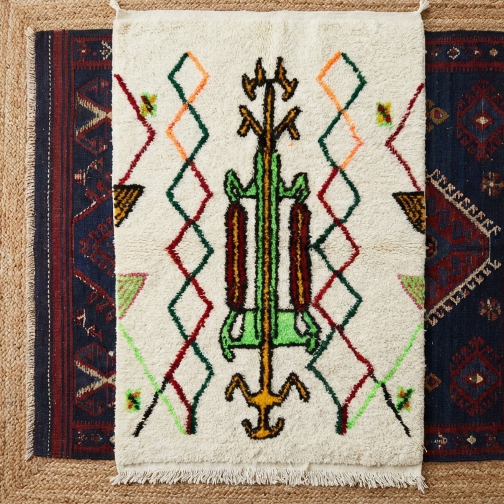 Colorful Azilal Rug — Tribal Accent — Plush Wool - Hand-knotted Moroccan rug, front view showing Colorful Azilal Rug — Tribal Accent — Plush Wool texture and colors