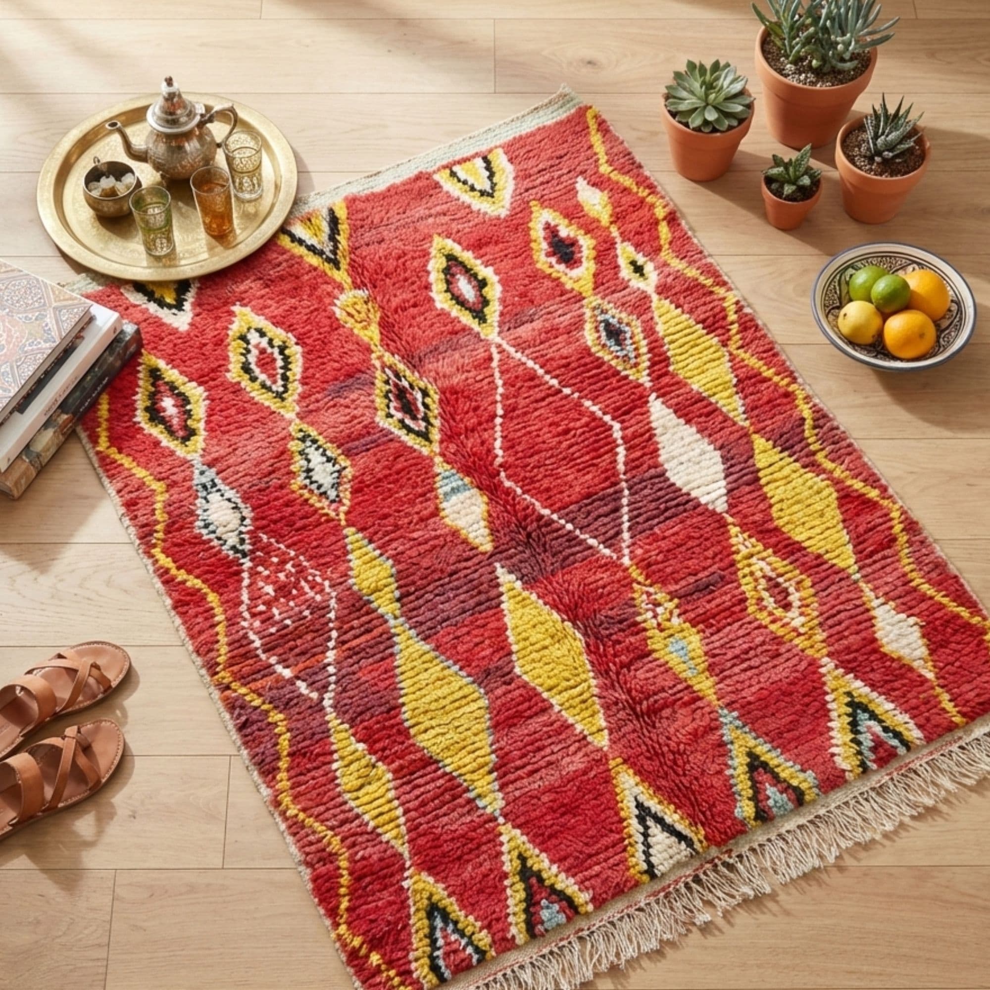 Red Boho Rug — Colorful Diamond Carpet — Eclectic Style