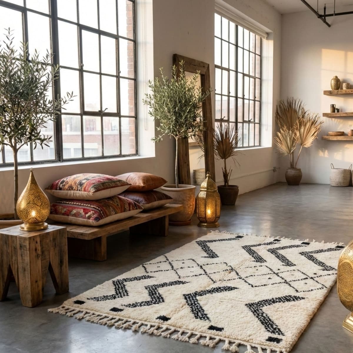 Large Berber Wool Rug — Diamond Grid Pattern — 100% Wool