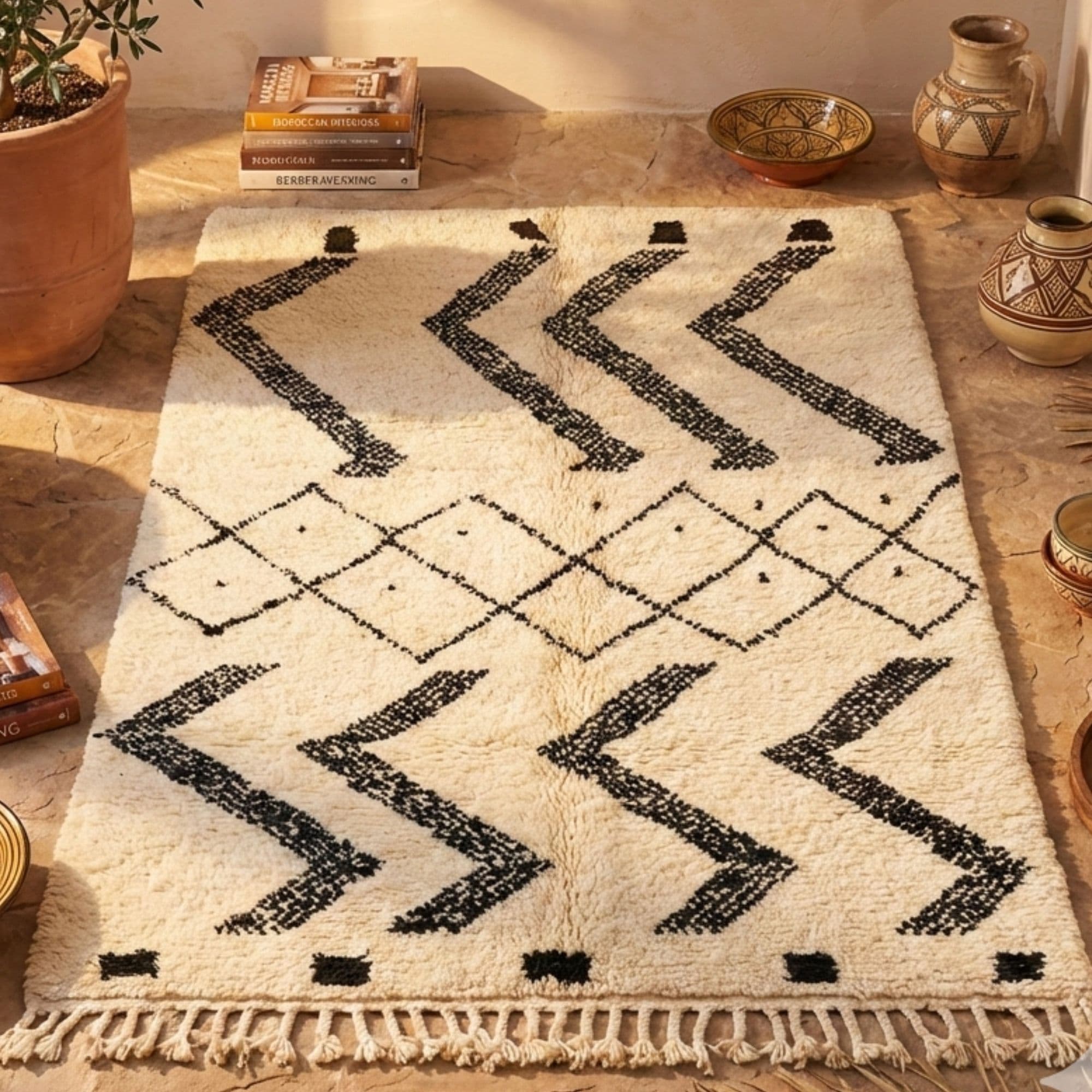 Ivory Black Berber Rug — Cozy Neutral Decor — Boho Minimalist