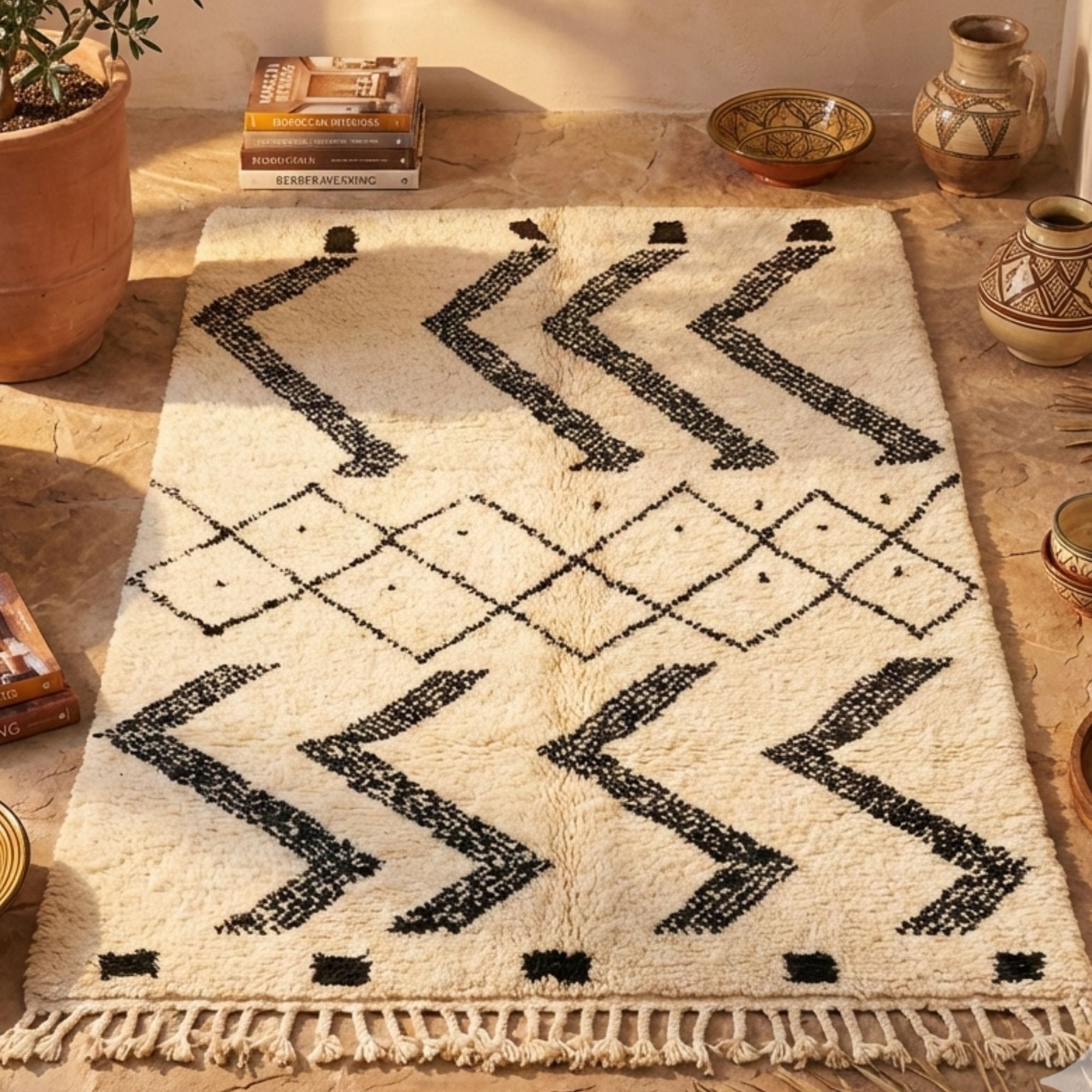 Ivory Black Berber Rug — Cozy Neutral Decor — Boho Minimalist - Hand-knotted Moroccan rug, front view showing Ivory Black Berber Rug — Cozy Neutral Decor — Boho Minimalist texture and colors