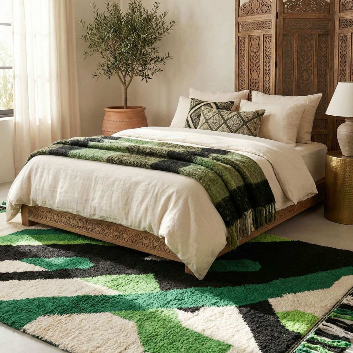 Green Boho Rug — Abstract Area Rug — Wool Modern Tribal