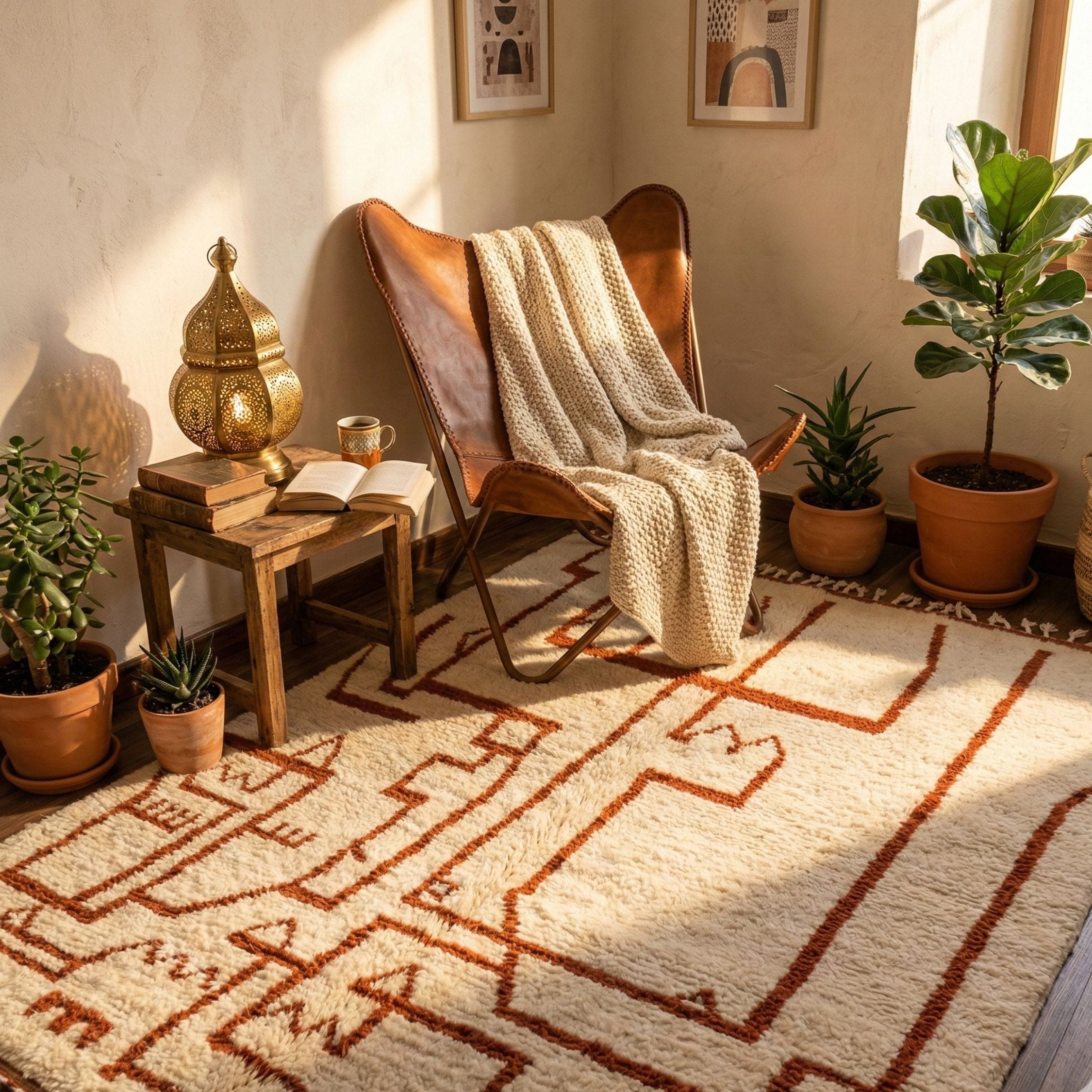 Moroccan Beni Ourain Rug — Minimal Beni Ourain Wool Rug - Beni Ourain Moroccan rug in Ivory color, 244 x 305 cm