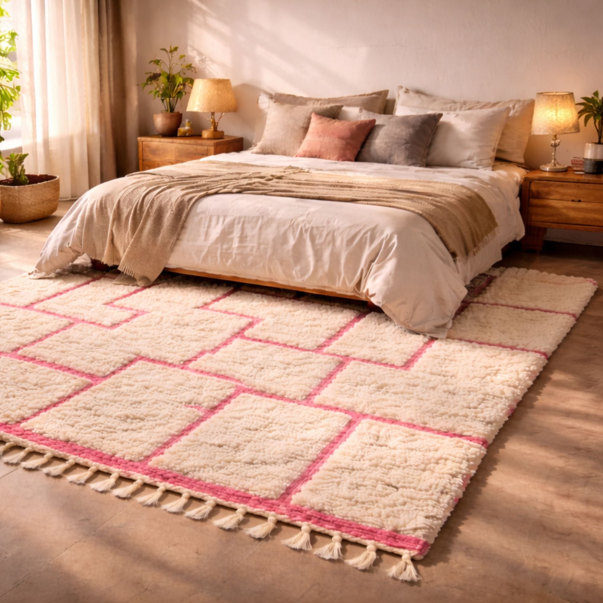 Pink Moroccan Rug — Ivory Berber Rug — Soft Boho Style - Hand-knotted Moroccan rug, front view showing Pink Moroccan Rug — Ivory Berber Rug — Soft Boho Style texture and colors
