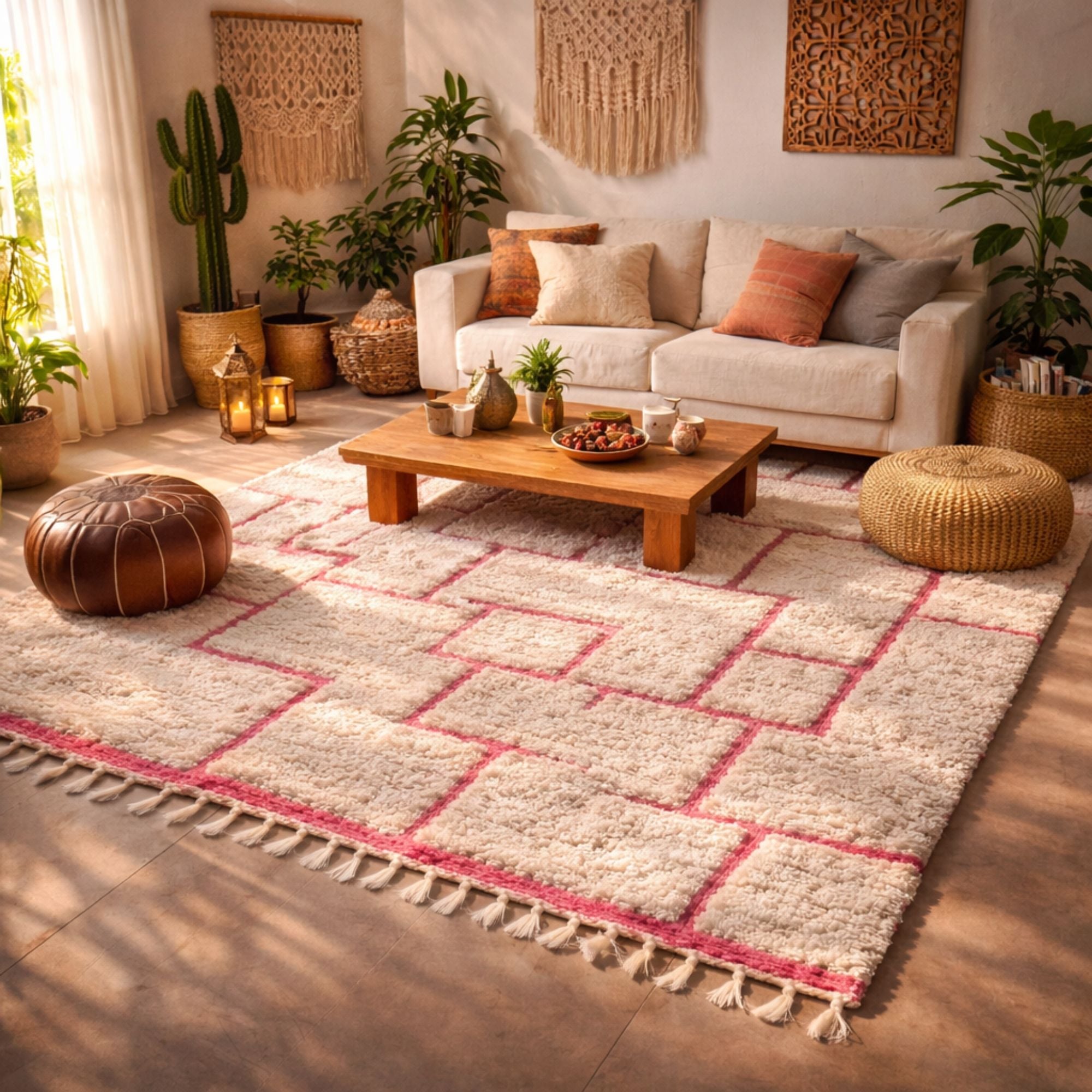 Moroccan Berber Rug — Heritage Ivory Rug — Artisan Grid Style - Hand-knotted Moroccan rug, front view showing Moroccan Berber Rug — Heritage Ivory Rug — Artisan Grid Style texture and colors