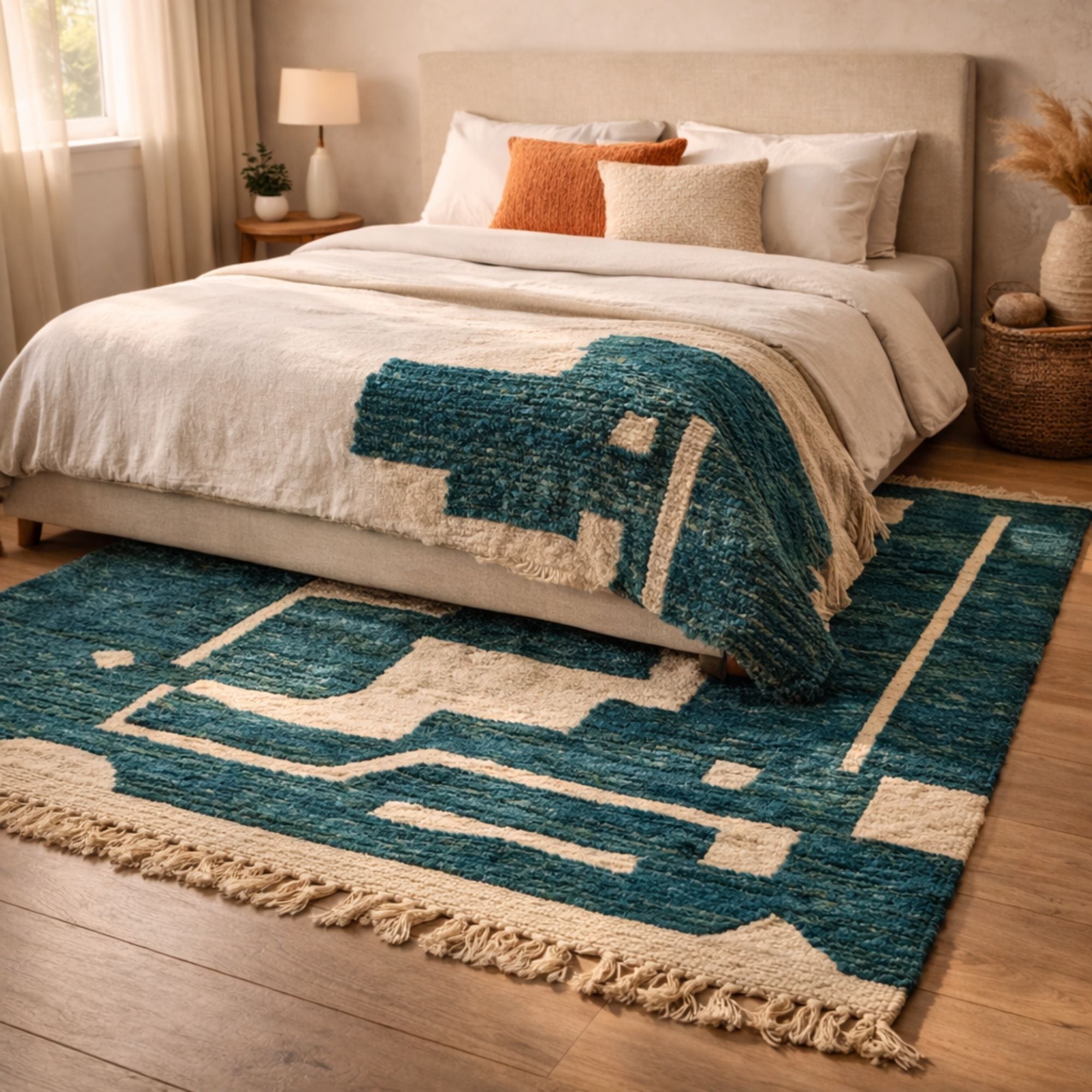 Moroccan Rug 8x10 — Teal Berber Rug — Geometric Modern Style - Hand-knotted Moroccan rug, front view showing Moroccan Rug 8x10 — Teal Berber Rug — Geometric Modern Style texture and colors