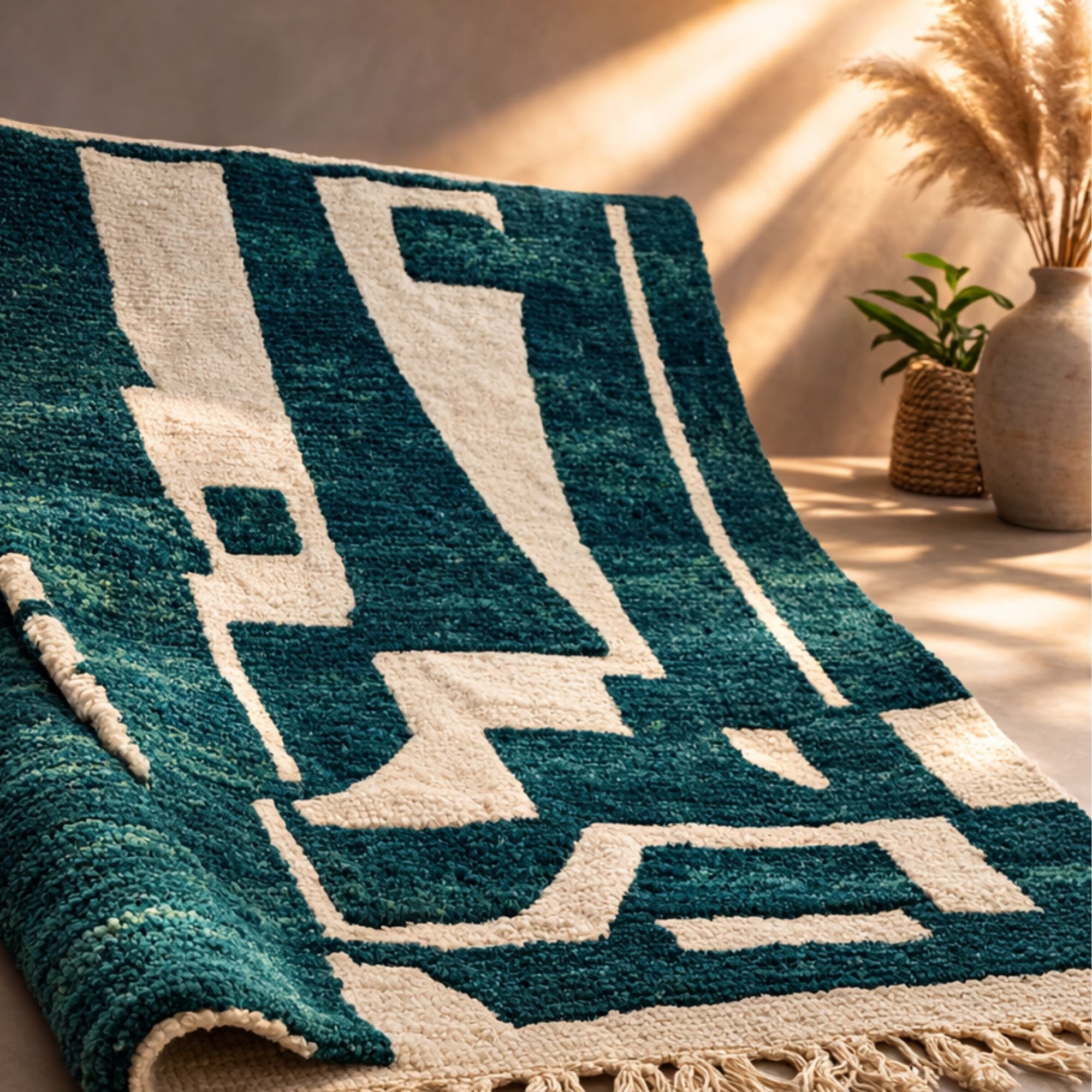 Teal Moroccan Rug — Ivory Berber Rug — Bold Boho Modern - Hand-knotted Moroccan rug, front view showing Teal Moroccan Rug — Ivory Berber Rug — Bold Boho Modern texture and colors