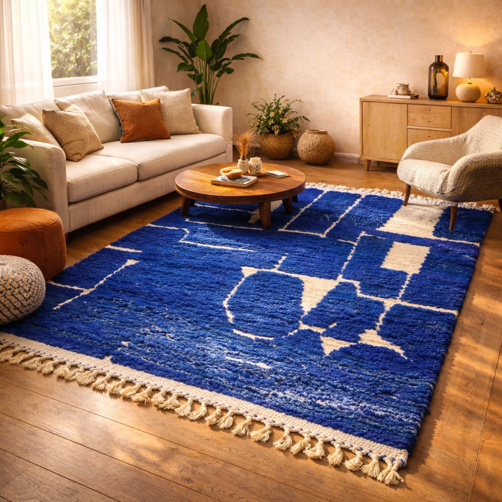 Moroccan Rug 8x10 — Cobalt Berber Rug — Geometric Modern Style - Hand-knotted Moroccan rug, front view showing Moroccan Rug 8x10 — Cobalt Berber Rug — Geometric Modern Style texture and colors