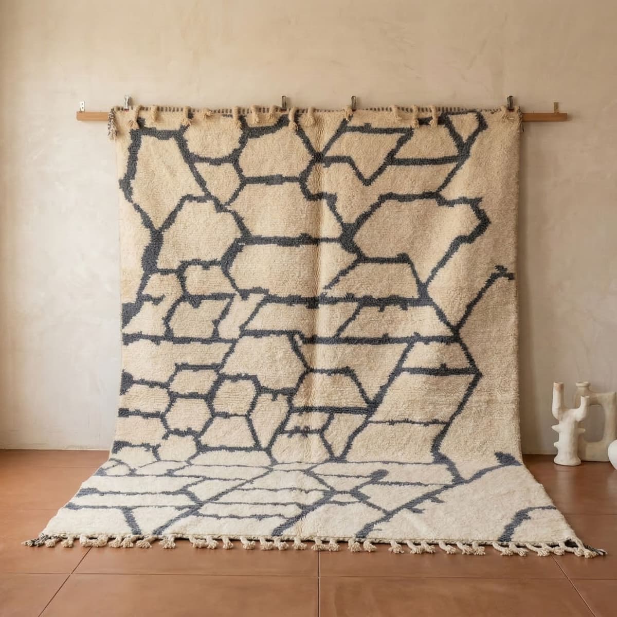 Moroccan Rug 8x10 — Ivory Berber Rug — Charcoal Geometric Style