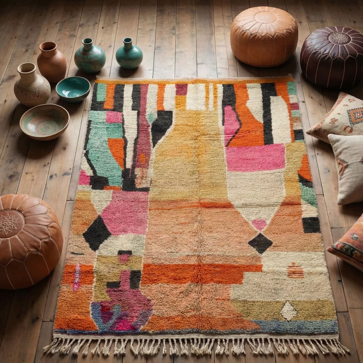 Moroccan Rug 8x10 — Abstract Berber Rug — Modern Colorblock Style — Ivory
