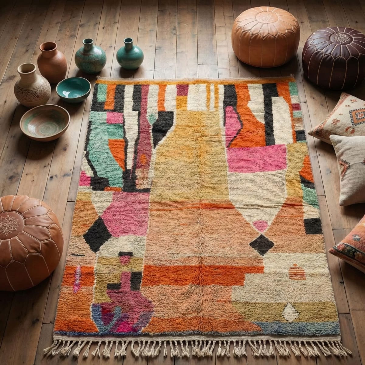 Moroccan Rug 8x10 — Abstract Berber Rug — Modern Colorblock Style - Beni Ourain Moroccan rug in Ivory color, 122 x 183 cm