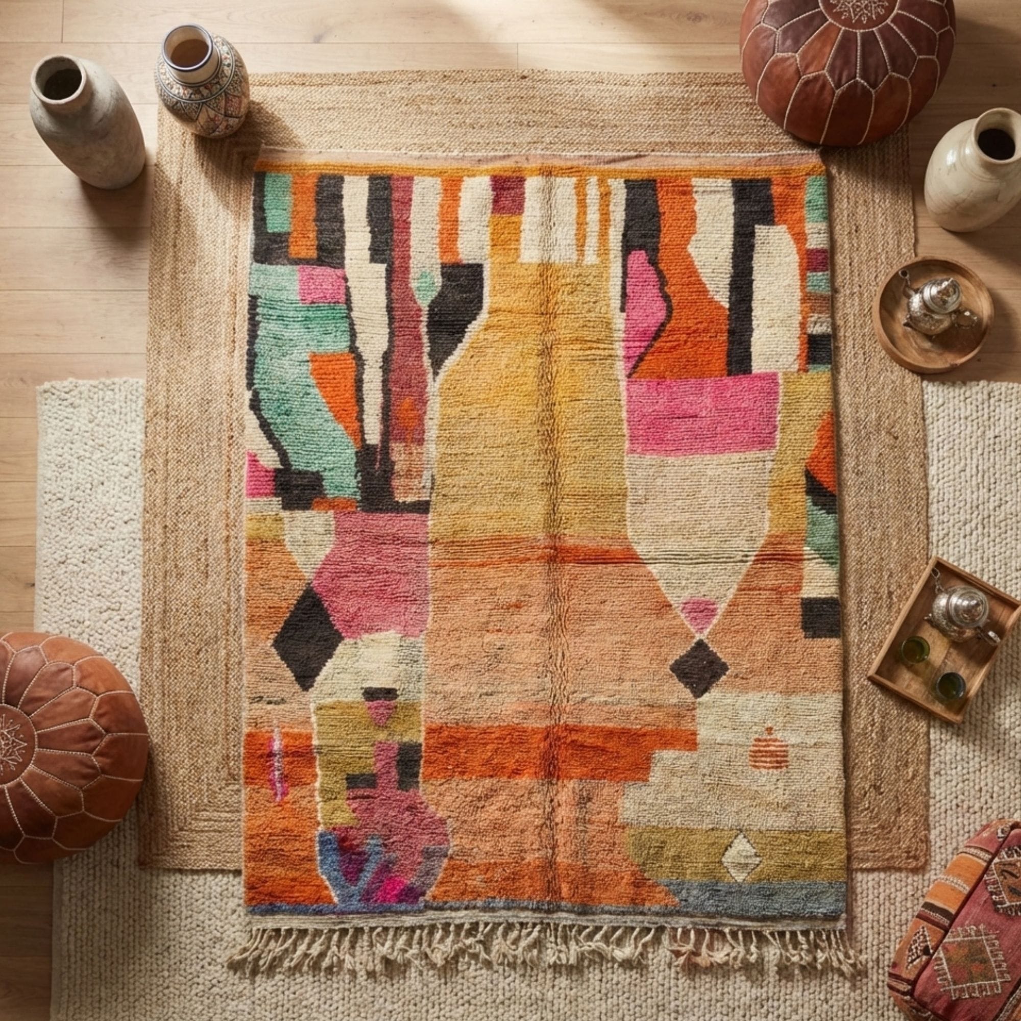 Moroccan Beni Ourain Rug — Abstract Beni Ourain Wool Rug - Beni Ourain Moroccan rug in Ivory color, 122 x 183 cm