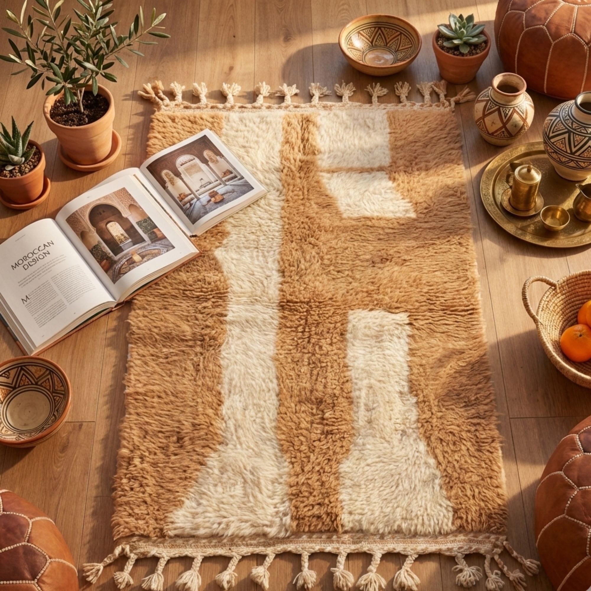 Moroccan Beni Ourain Rug — 100% Wool Area Rug for Bedroom - Beni Ourain Moroccan rug in Ivory color, 244 x 305 cm