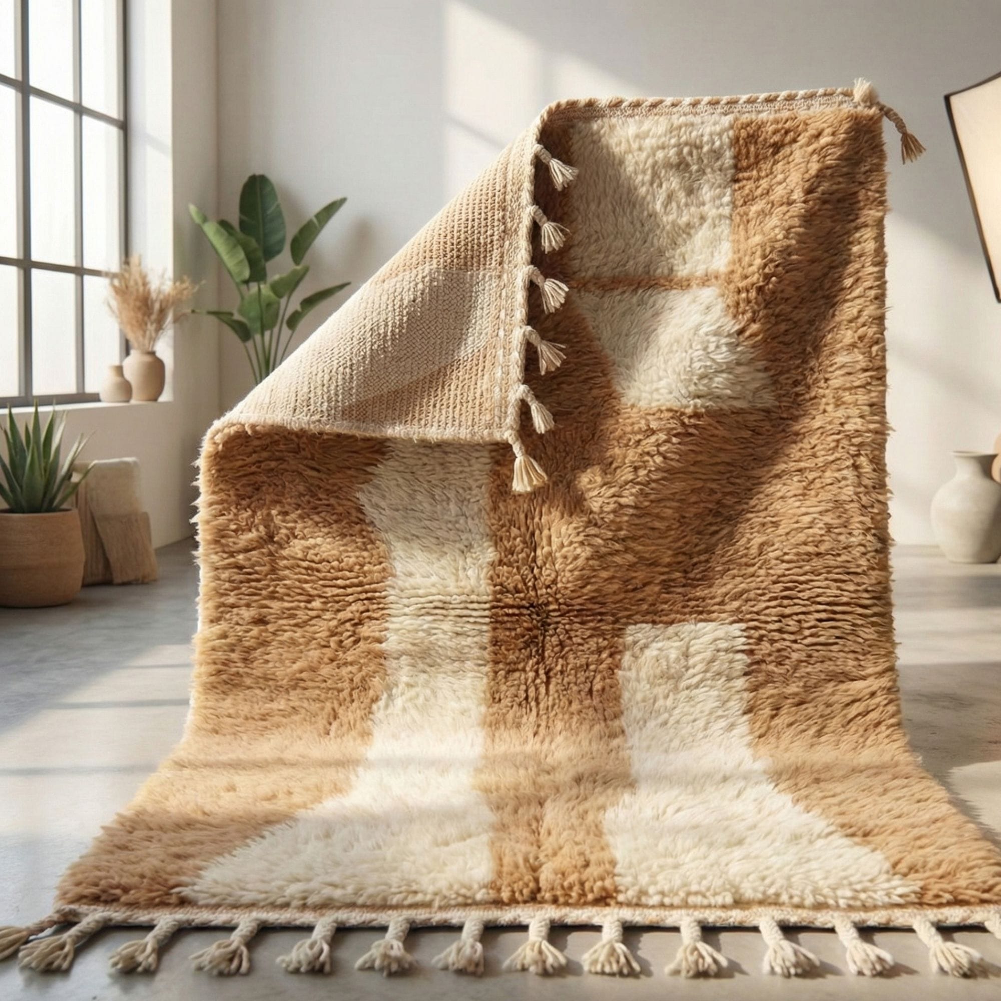 Moroccan Beni Ourain Rug — Natural Wool Area Rug for Bedroom - Beni Ourain Moroccan rug in Ivory color, 244 x 305 cm