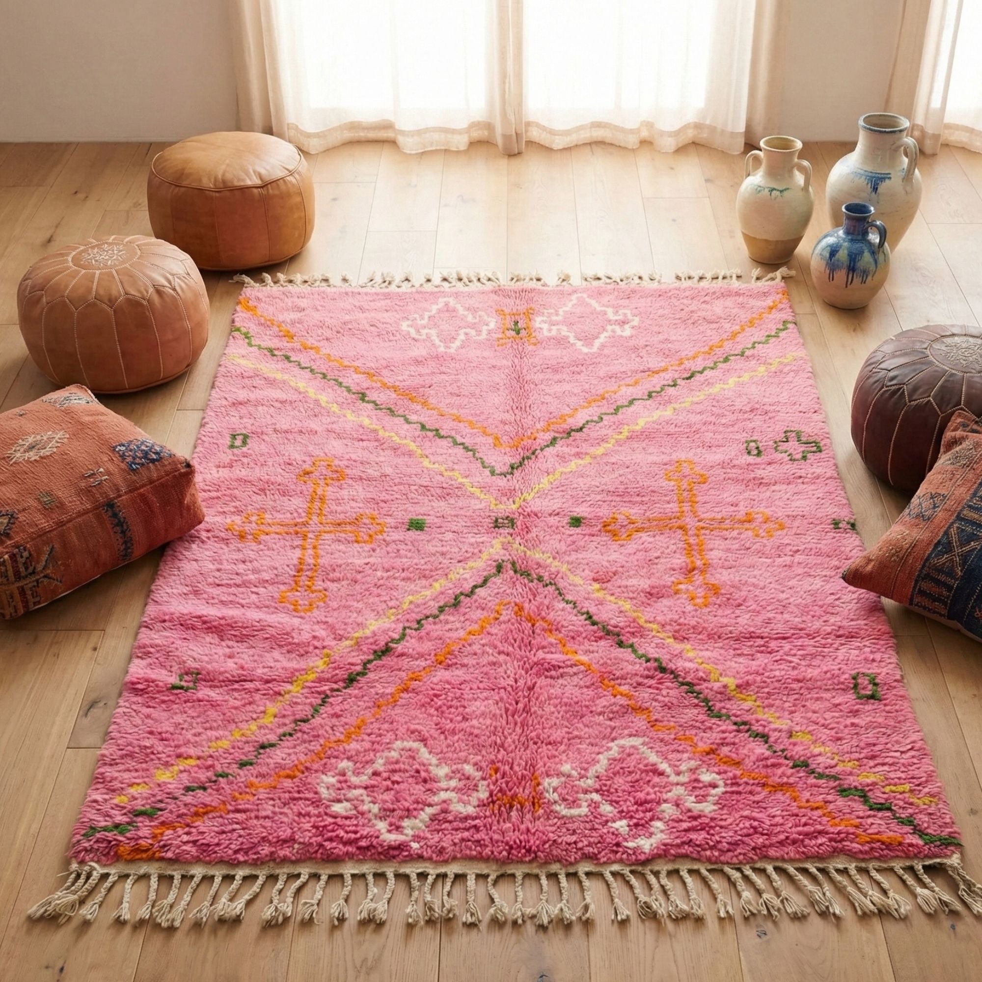 Blush Pink Moroccan Rug — Boho Interior - Hand-knotted Moroccan rug, front view showing Blush Pink Moroccan Rug — Boho Interior texture and colors