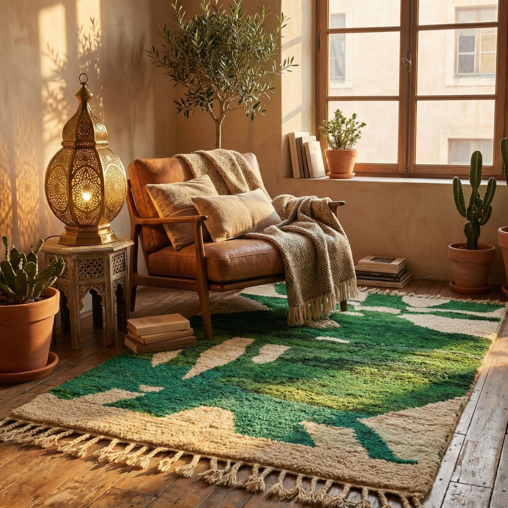 Green Geometric Rug — Living Room — Beni Ourain - Hand-knotted Moroccan rug, front view showing Green Geometric Rug — Living Room — Beni Ourain texture and colors