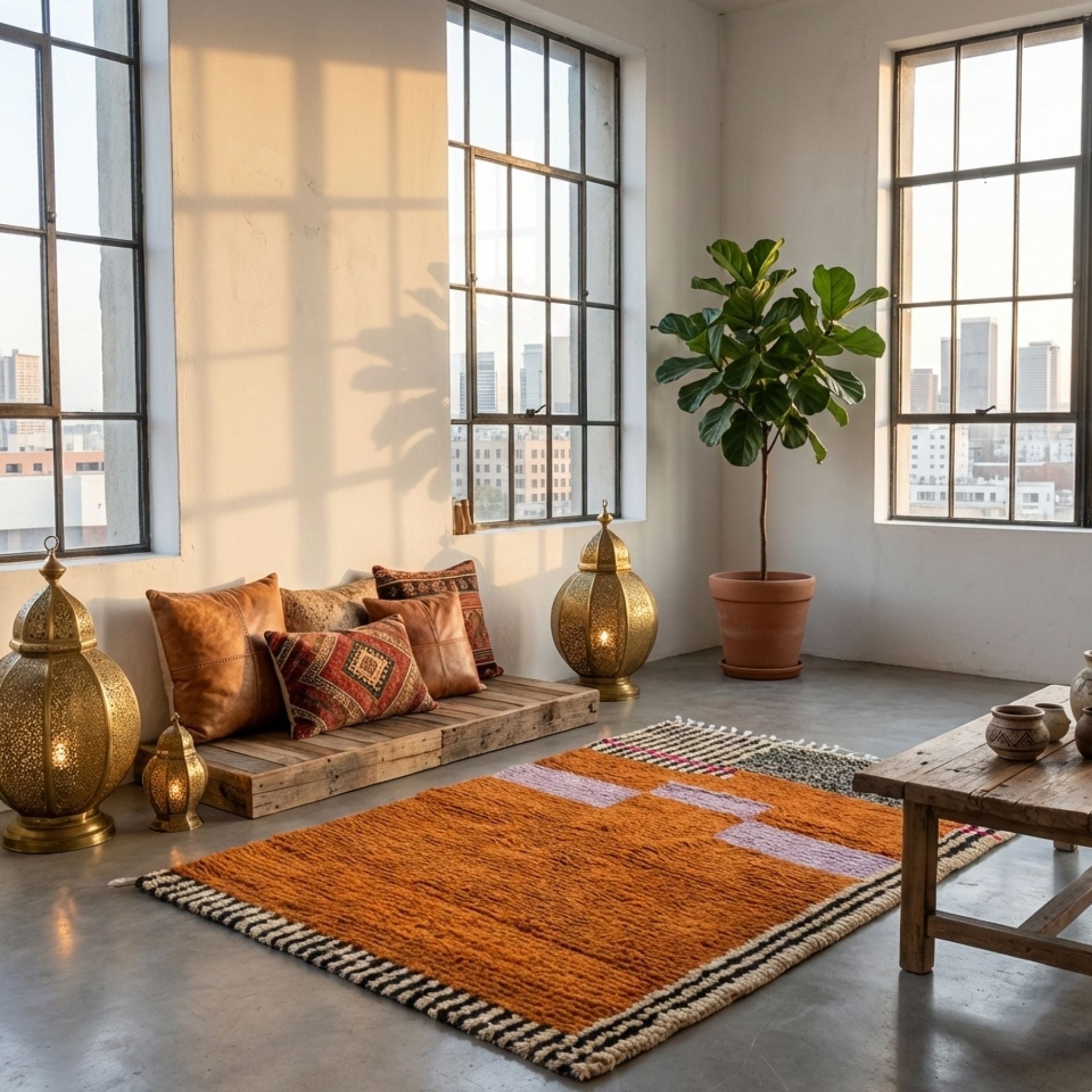 Moroccan Berber Rug — Heritage Orange Rug — Tribal Modern Style - Hand-knotted Moroccan rug, front view showing Moroccan Berber Rug — Heritage Orange Rug — Tribal Modern Style texture and colors