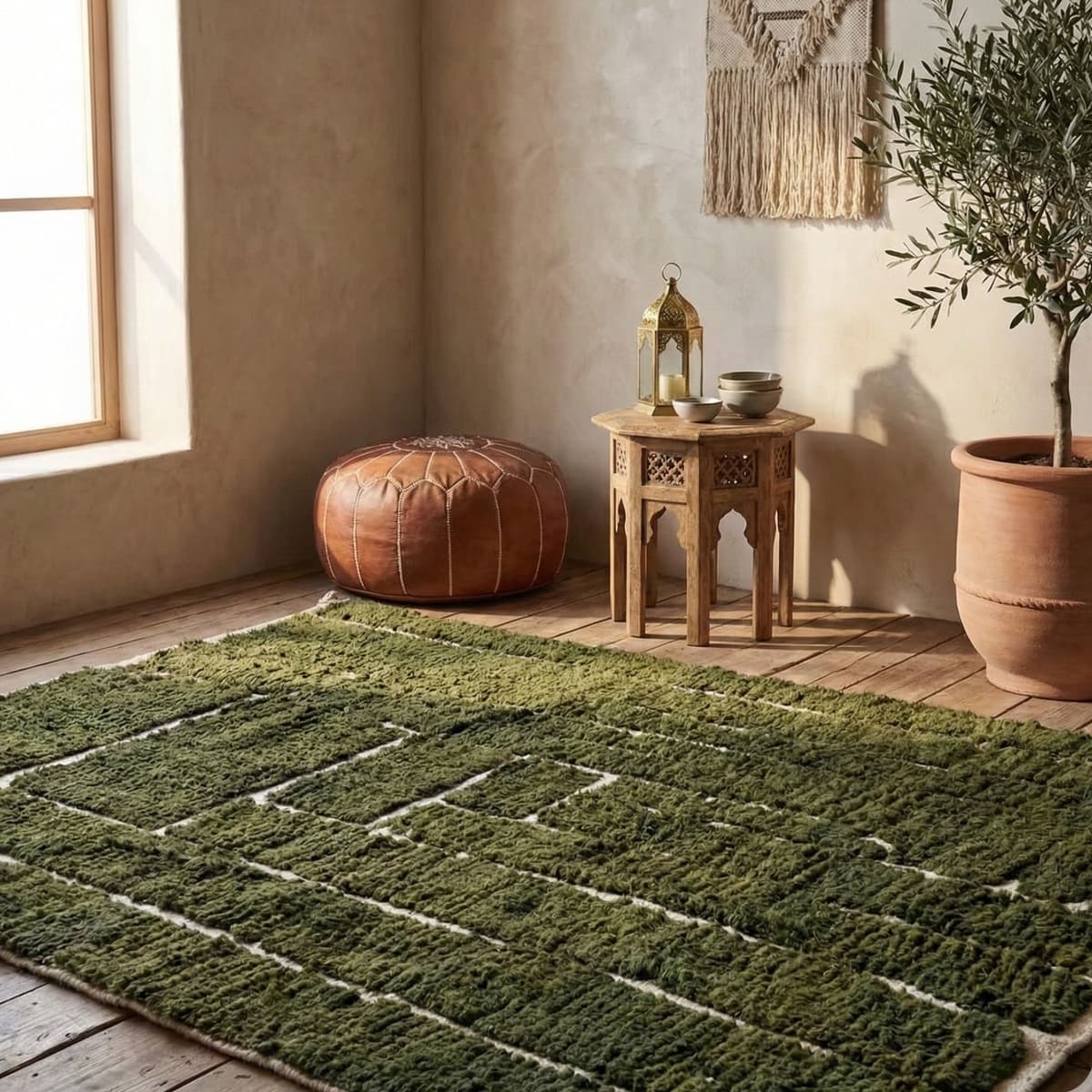 Olive Green Moroccan Rug — Geometric Berber Rug