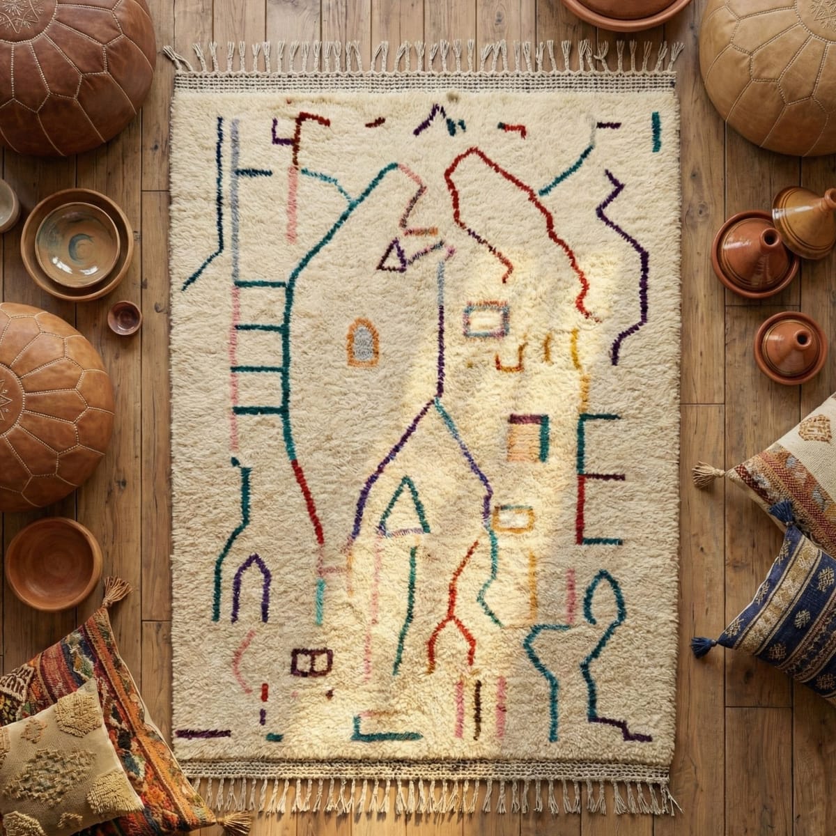 Colorful Azilal Rug — Ivory Wool — Modern Boho Statement Carpet - Beni Ourain Moroccan rug in Ivory color, 244 x 305 cm