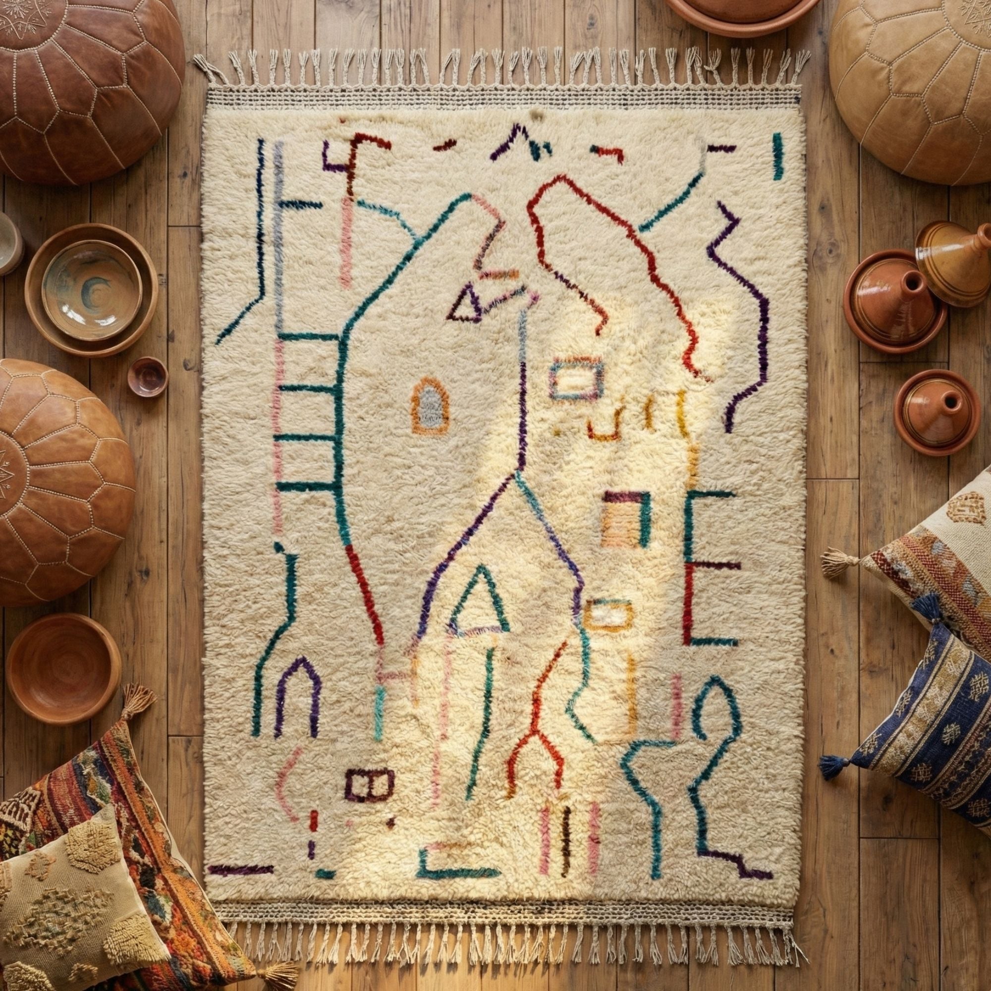 Colorful Azilal Rug — Ivory Wool — Modern Boho Statement Carpet - Hand-knotted Moroccan rug, front view showing Colorful Azilal Rug — Ivory Wool — Modern Boho Statement Carpet texture and colors