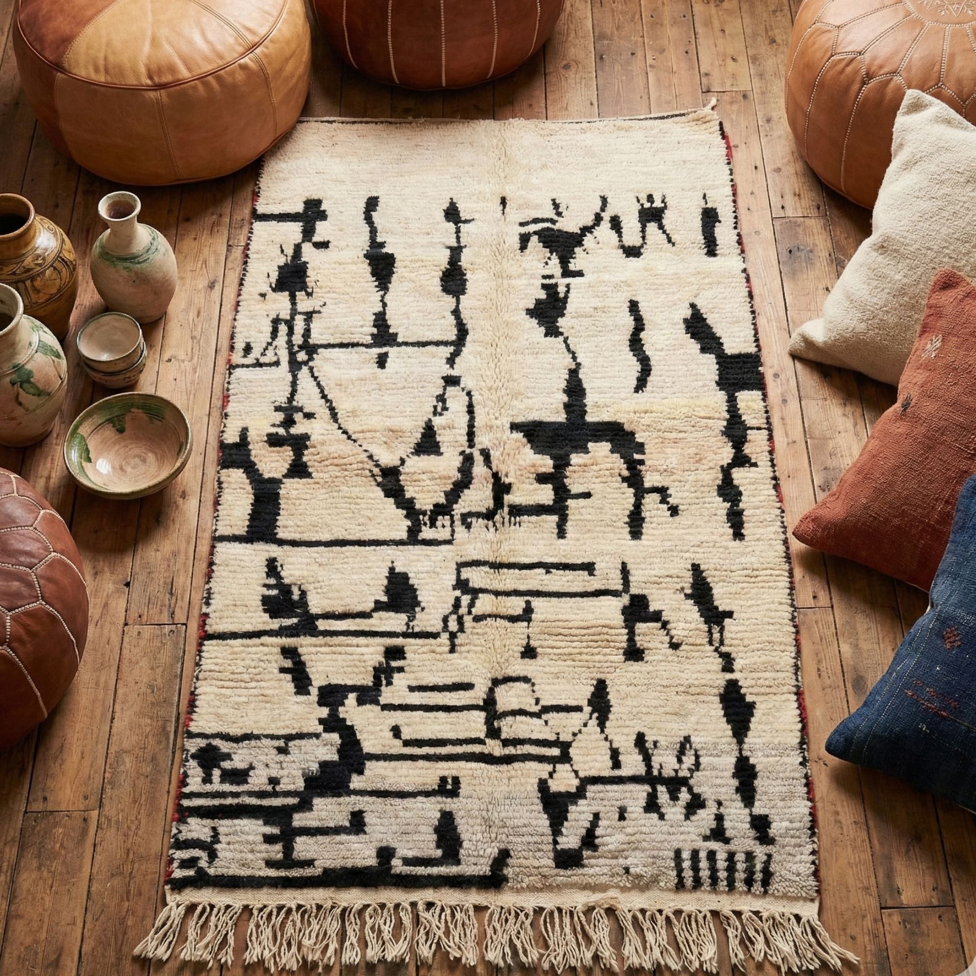 Ivory Moroccan Rug — Black Tribal Wool - Hand-knotted Moroccan rug, front view showing Ivory Moroccan Rug — Black Tribal Wool texture and colors